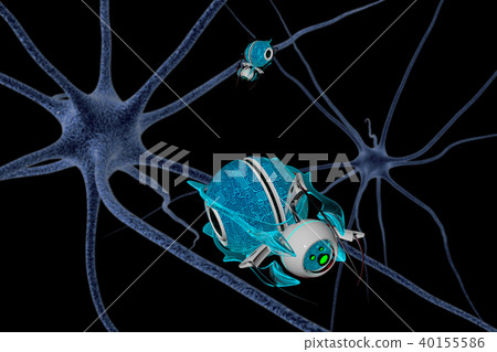 Brain cell and nanorbots. 3D render Brain cell and nanorbots. 3D render 40155586