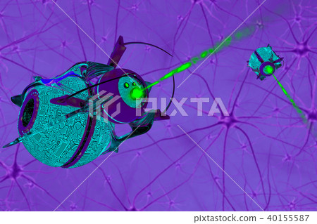 Brain cell and nanorbots. 3D render Brain cell and nanorbots. 3D render 40155587