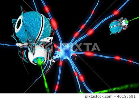 Brain cell and nanorbots. 3D render Brain cell and nanorbots. 3D render 40155591