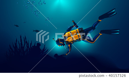 Scuba diver exploring the seabed. Underwater archaeologist found an ancient jug underwater. Oxygen 40157326