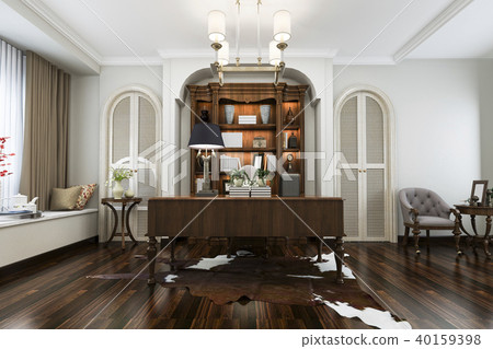 european style study room with wood bookshelf