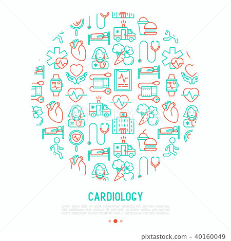 Cardiology concept in circle with thin line icons 40160049