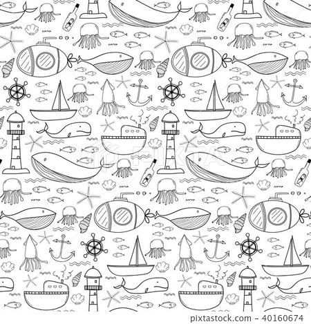 Hand Drawn Pattern With Sea Background. Hand Drawn Pattern With Sea Background. 40160674