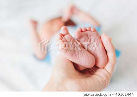 Mother holds newborn baby's bare feet. Tiny feet  40161444