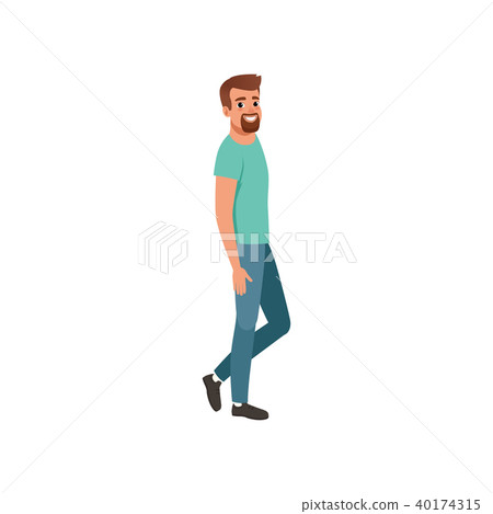 Young bearded man standing sideways. Cartoon character in jeans and t-shirt. Colorful flat vector 40174315