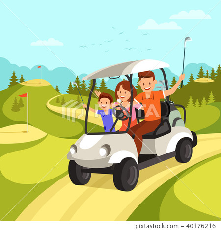 Happy Family with Golf Clubs goes by Golf Car. Happy Family with Golf Clubs goes by Golf Car. 40176216