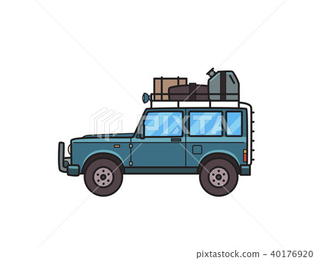 SUV car with luggage on the roof trunk. Off-road vehicle with cargo on top, side view. Isolated SUV car with luggage on the roof trunk. Off-road vehicle with cargo on top, side view. Isolated 40176920