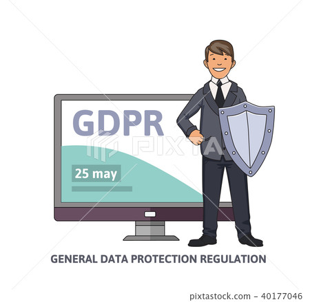 Smiling man in business suit with a shield in front of computer monitor showing GDPR date. General 40177046
