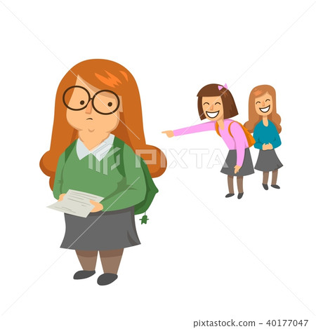 Schoolgirls laughing and pointing at obese girl in green sweater. Body shaming, fat shaming. Bulling 40177047