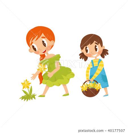 Little kids picking flowers. Cute girl holding basket. Summer recreation. Outdoor activity. Flat 40177507