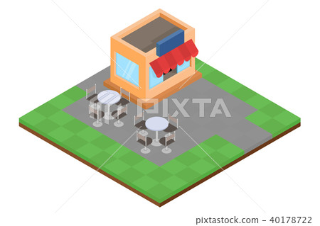 Coffee shop with outdoor tables. Colored isometric drawing Coffee shop with outdoor tables. Colored isometric drawing 40178722