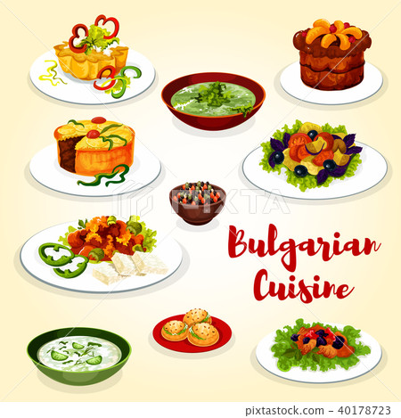Bulgarian cuisine icon of dinner dish with dessert Bulgarian cuisine icon of dinner dish with dessert 40178723