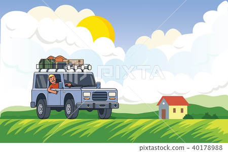 SUV car with luggage on the roof and smiling guy behind the wheel on rural landscape background with 40178988