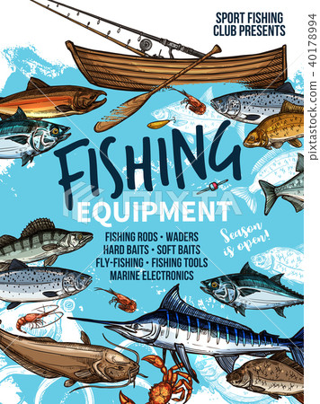 Fishing equipment banner with fish, rod and boat 40178994
