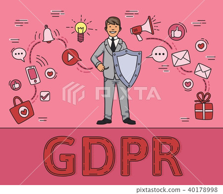 Smiling man in business suit with a shield among social media and internet items. Personal data Smiling man in business suit with a shield among social media and internet items. Personal data 40178998