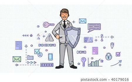 Smiling man in business suit with a shield among digital and internet security symbols. Personal 40179016