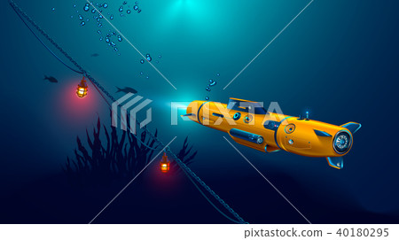 Autonomous underwater drone or robot with camera exploration seabed. Seabed underwater and rays of 40180295