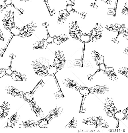 Flying magic keys, vector seamless pattern. Bird's beautiful win 40181648