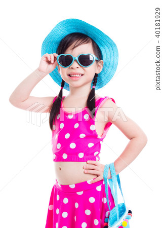 Little girl in swim suit smiling over white  40181929