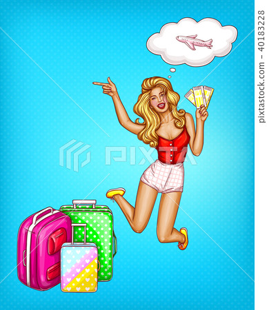 Vector pop art girl with tickets, suitcases Vector pop art girl with tickets, suitcases 40183228