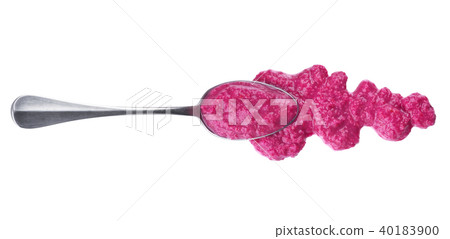 Red horseradish sauce with beetwith spoon isolated on white background. Top view 40183900