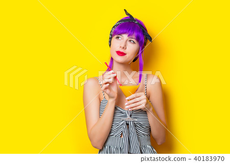 girl with purple hair holding lemonade cocktail girl with purple hair holding lemonade cocktail 40183970