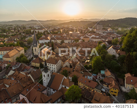 Aerial view of old medieval city center of Ljubljana, capital of Slovenia. Aerial view of old medieval city center of Ljubljana, capital of Slovenia. 40187513