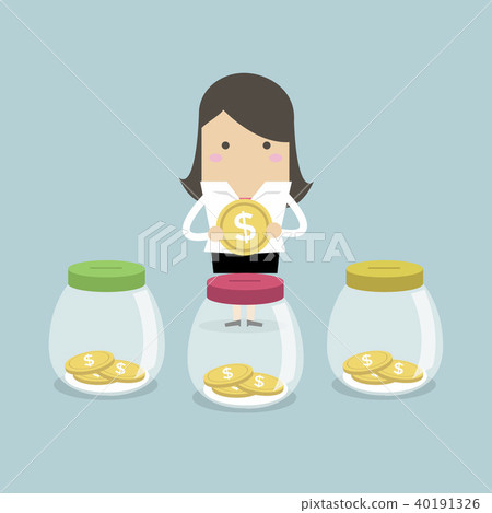 Businesswoman putting coin into jar. 40191326