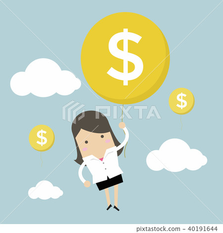 Businesswoman hanging money dollar sign balloon. Businesswoman hanging money dollar sign balloon. 40191644