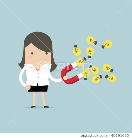 Businesswoman attracted idea bulbs with magnet. Businesswoman attracted idea bulbs with magnet. 40191660