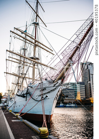 old sailing ship, frigate at anchor in the port 40195378