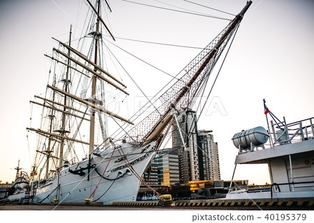 old sailing ship, frigate at anchor in the port 40195379