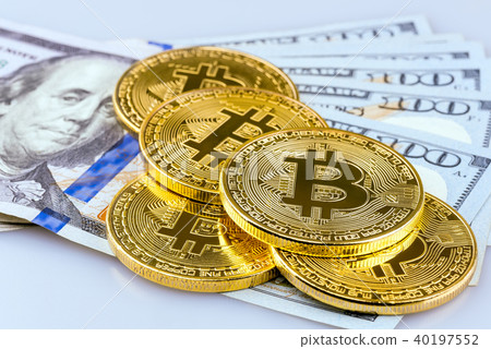 Bitcoin putting on US Dollar bank background. Bitcoin putting on US Dollar bank background. 40197552