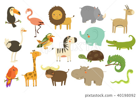 Jungle animals and birds set, flamingo, gazelle, elephant, rhinoceros, ostrich, toucan, lion, turtle Jungle animals and birds set, flamingo, gazelle, elephant, rhinoceros, ostrich, toucan, lion, turtle 40198092