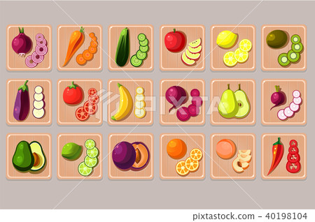 Flat vector set of fruits and vegetables on... - Stock Illustration ...