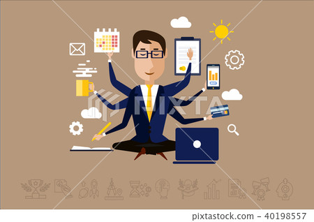 Multitasking businessman with many hands, time management concept vector Illustration in flat style 40198557