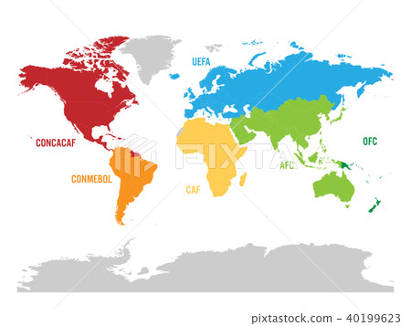 Map of world football, or soccer, confederations - CONMEBOL, CONCACAF, CAF, UEFA, AFC and OFC Map of world football, or soccer, confederations - CONMEBOL, CONCACAF, CAF, UEFA, AFC and OFC 40199623
