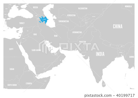 Azerbaijan blue marked in political map of South Asia and Middle East. Simple flat vector map 40199717