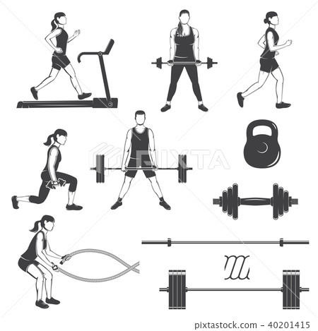 Set of fitness girls with fitness equipments silhouette 40201415