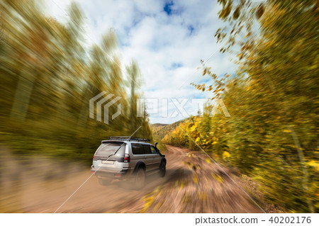SUV moving fast on dirt road in the forest SUV moving fast on dirt road in the forest 40202176