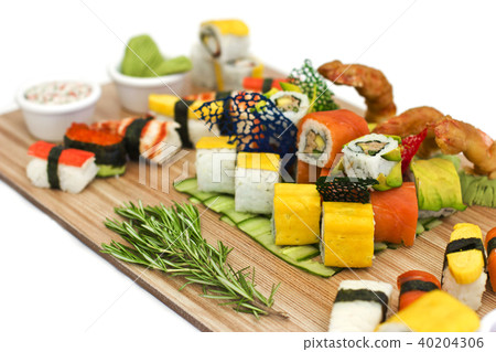 Japanese food - Sushi, sashimi, rolls on a wooden  40204306