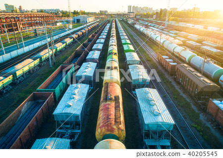 Aerial view of colorful freight trains on railroad 40205545