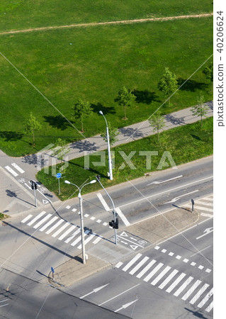 Crosswalk and bike crossing line, empty crossroad 40206624