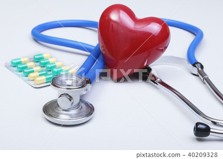 RX prescription, stethoscope, Red heart and pils on white background 40209328