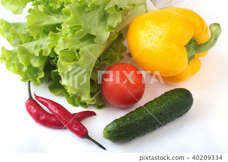 Assorted vegetables, fresh bell pepper, tomato, chilli pepper, cucumber and lettuce isolated on 40209334