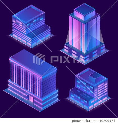 Vector 3d isometric buildings with neon illumination Vector 3d isometric buildings with neon illumination 40209371