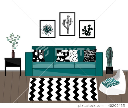 Scandinavian style livingroom interior with black and white carpet, blue sofa with ornamented 40209435