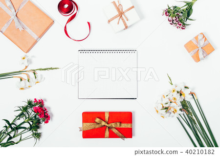 Composition of flowers, open blank notebook Composition of flowers, open blank notebook 40210182