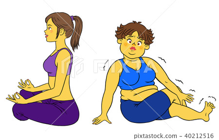 Diet yoga, slim woman and fat woman doing... - Stock Illustration ...