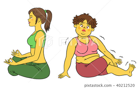 Diet yoga, slim woman and fat woman doing stretching 40212520
